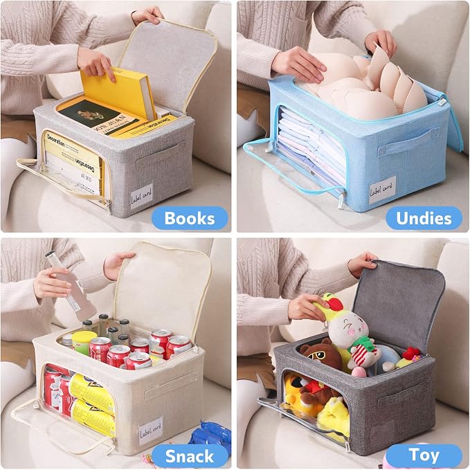 CYhom Clothes Storage Bins Box - Linen Fabric Foldable Stackable Container Organizer Set with Clear Window & Carry Handles & Metal Frame - 2Pack Large Capacity for Bedding, Blankets, Books