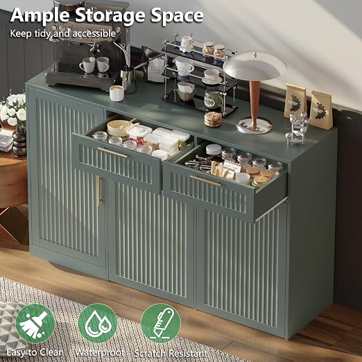 Double 13 Gallon Pull Out Trash Can Cabinet with Storage Cabinet,Green | Pet Proof Hidden Garbage Can Cabinet,3-Tier Shelves,Fluted Design,Extra Drawer Space,Kitchen & Dining Room Organization
