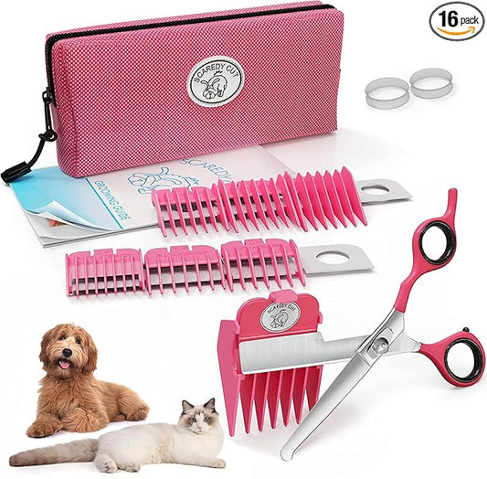 SCAREDY CUT Silent Pet Grooming Kit for Dog, Cat and All Pet Grooming - A Quiet Alternative to Electric Clippers for Sensitive Pets (Right-Handed Pink)