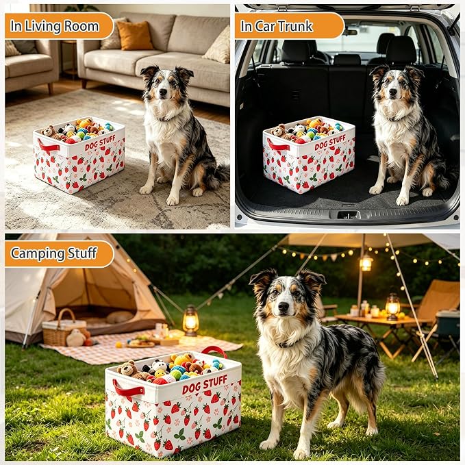 Dog Toy Basket, Collapsible Dog Toy Bin Box with Drawstring Cinch Top &Handles, Pet Food Storage Organizer for Dog Toys, Apparel, Blankets and Leashes, Pink Strawberry, L, 15.3"x13"x12"