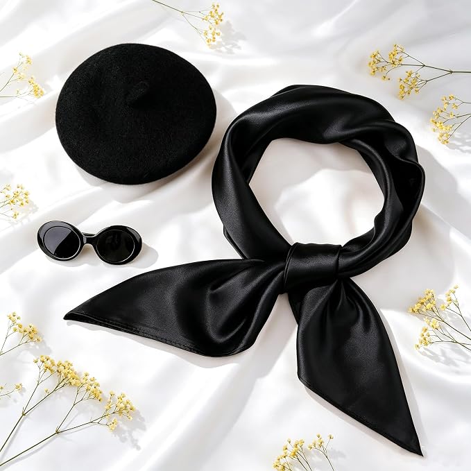 Dog Beret Set Including Dog Beret Satin Scarf Funny Glasses Pet French Artist Beanie for Small Dogs Cats Halloween Christmas Cosplay Party (Black)
