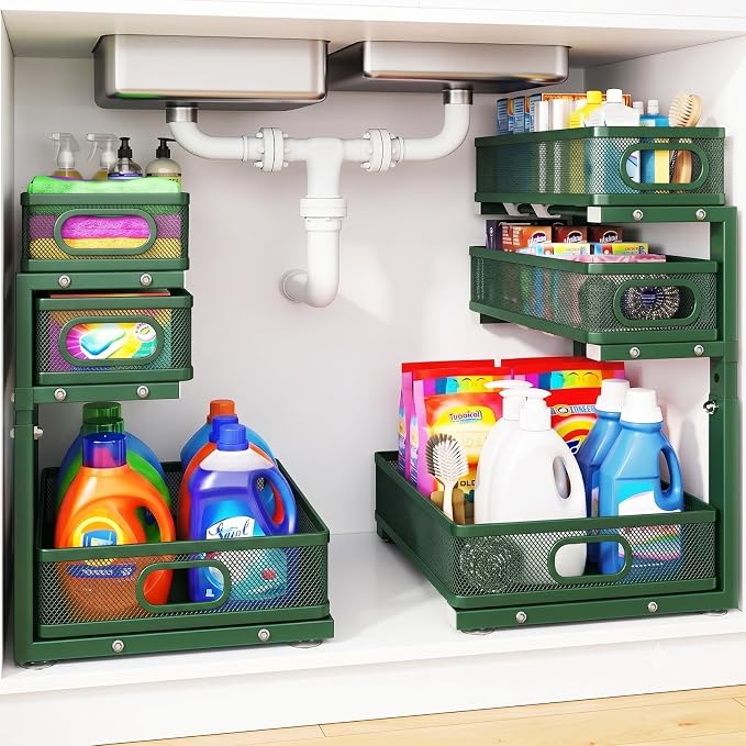 Under Sink Organizer, 3-Tier Sliding Drawers, 2-Pack Forest Green | 5 Height Adjustable, Pull Out Cabinet Storage Rack, Space Saving Metal Organizer for Kitchen, Bathroom, Laundry & Pantry