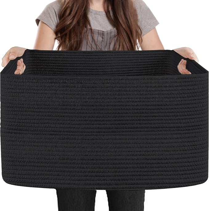 Extra Large Basket for Blankets, 23.6" x 17" x 12" Black Blanket Storage for Living Room, Big Cotton Rope Pillow Holder, Rectangle Kid Dog Toy Bin Box, Woven Laundry Basket, Shoe Bin Entryway