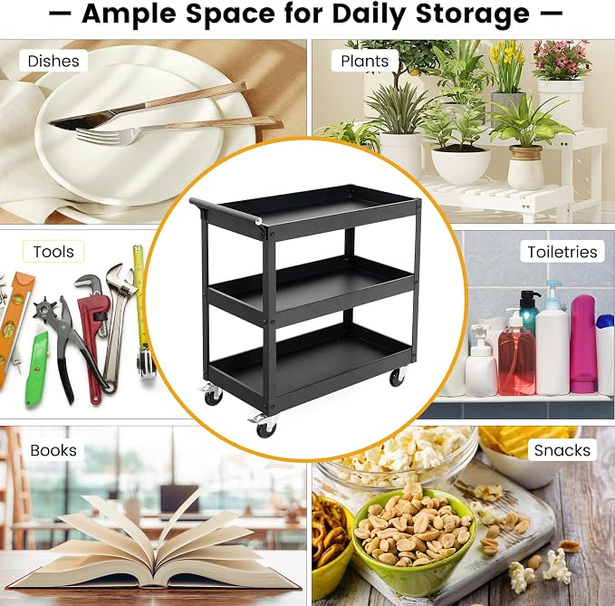 Goplus 3-Tier Utility Cart, Heavy Duty Commercial Service Tool Cart w/Lockable Wheels, 330lbs Load Capacity, Ergonomic Handle, Rolling Mechanic Tool Cart Storage Organizer for Warehouse Garage Black