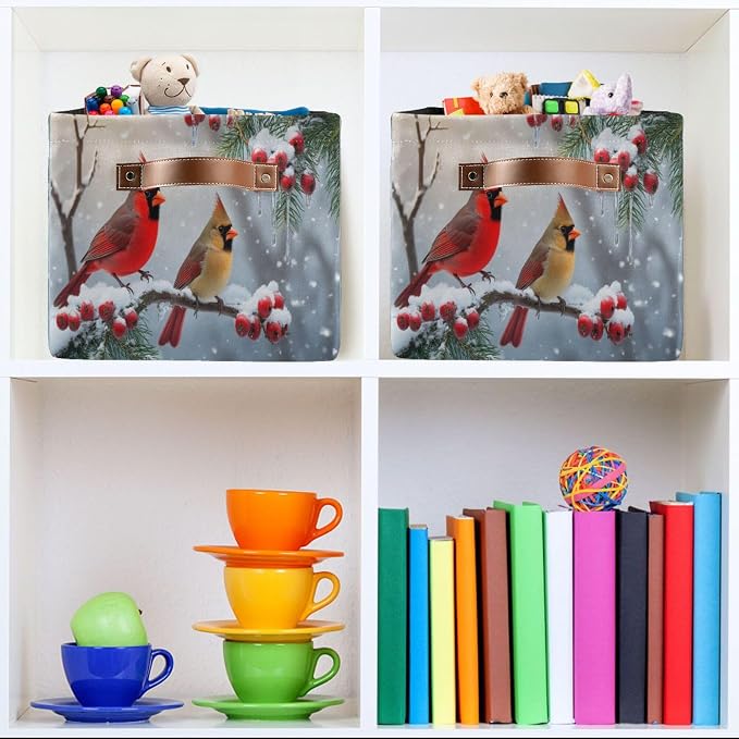 Winter Cardinal Birds Snow Storage Basket Fabric Laundry Baskets Christmas Tree Holly Berry Branches Storage Boxes Organizer Bag for Baby Cloth Dog Toy Book Storage Cubes Shelf Closet Bins 16×12×8