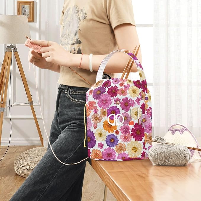 Tatenale Crochet Bag Yarn Bag Knitting Project Bag with Pockets and Handle Portable Yarn Storage Organizer Tangle Free 8.3x11 InchRed Purple Yellow Daisy06