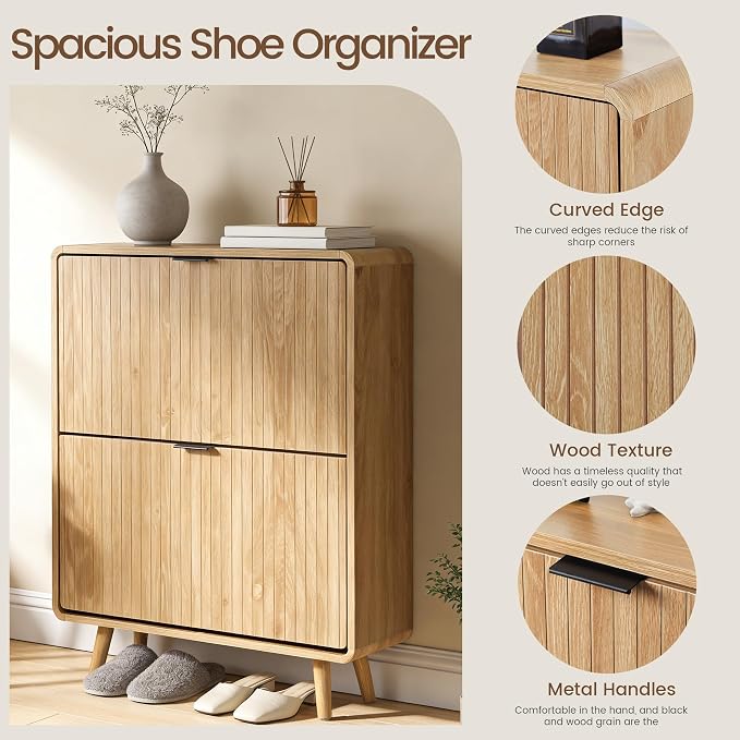 FurSch Fluted Shoe Storage Cabinet with 2 Flip Drawers | Narrow Shoe Rack Cabinet Organizer, Adjustable & Removable Shelves, for Entryway