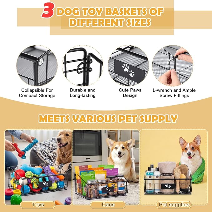 3 Pack Metal Dog Toy Baskets Multi-sized Foldable Dog Toy Bins Box Storage Container Organizer for Living Room Area Decorative Pet Accessories Coat Clothing Storage Holder Baskets(Black)