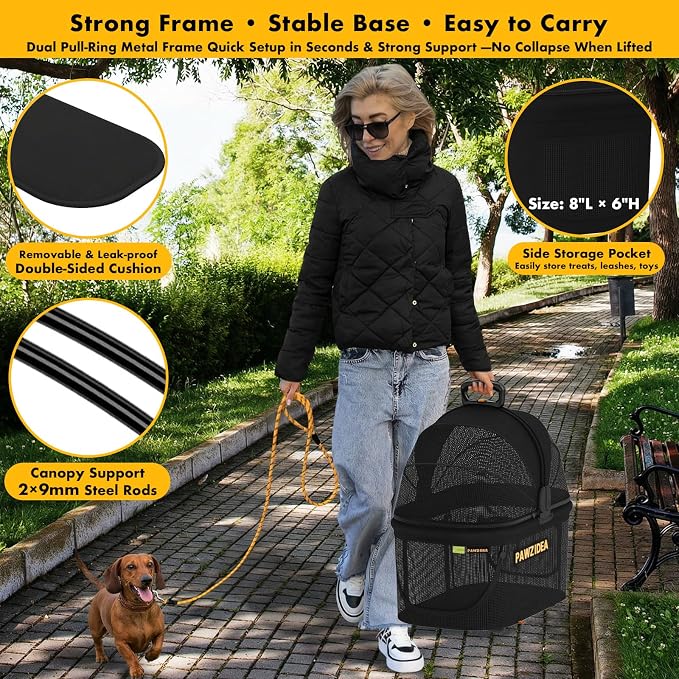 PAWZIDEA Pet Stroller 4-in-1, Foldable Dog Stroller with Detachable Carrier | Escape-Proof No-Zip Canopy, Portable Travel Crate & Car Seat Combo, for Small to Medium Dogs & Cats up 33 lbs, Storage Basket