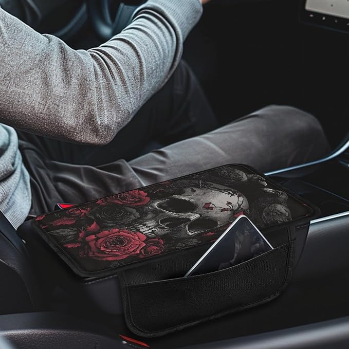 Howilath Car Armrest Console Cover Cushion Pad with 2 Bags | Raven Rose Skull Scratch-Resistant, Machine Washable, Fit for Long Commutes and Road Trips