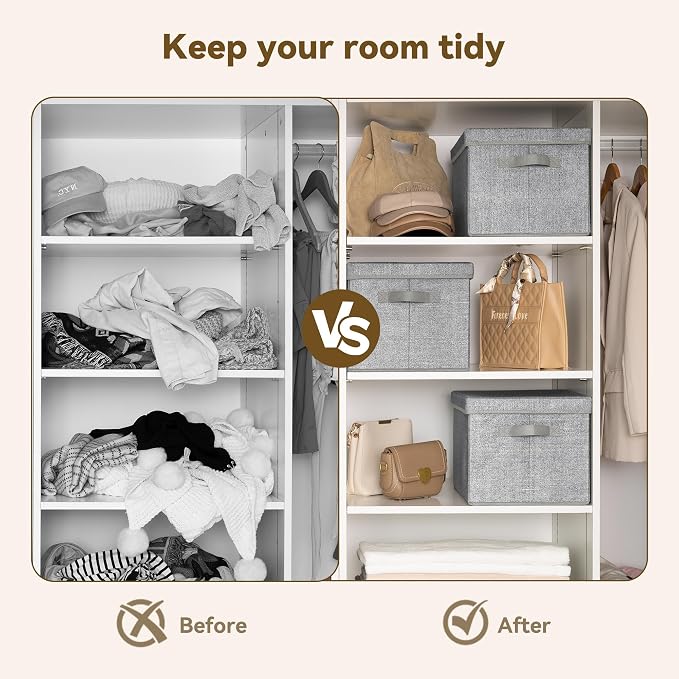 GRANNY SAYS Fabric Boxes with Lids, Storage Bins with Handles, Shelf Bins for Organizing, Extra Large Storage Boxes for Linens Clothes, Decorative Storage Containers, Gray, 3-Pack | Storage Box with Dust Cover, Handles & Lable, Collapsible, Ideal for C...