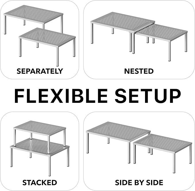 Simple Houseware Cabinet Counter Shelf Organizer w/Steel Surface, Silver | Expandable & Stackable 9" D x 12.75" W x 5.9" H