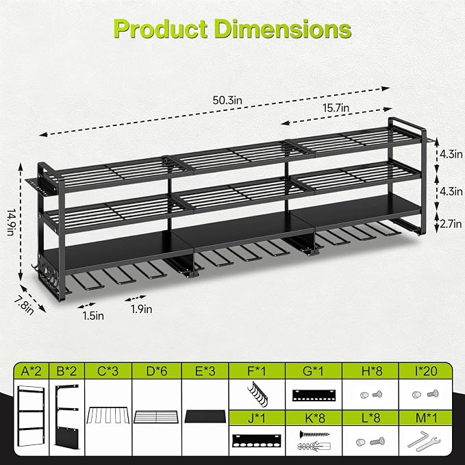 49" Heavy Duty Wall Mount Power Tool Organizer, 4-Tier Storage Rack with 12 Drill Holders & Battery Shelves, 600LBS Capacity for Garage Workshop