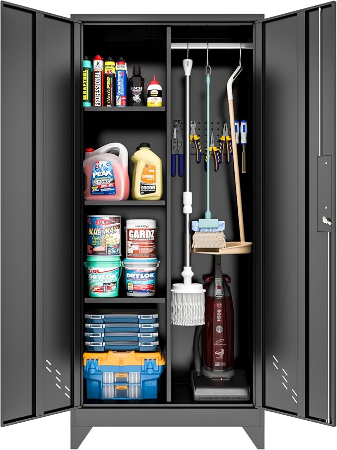Metal Garage Storage Cabinets with Lock, Cabinet with Pegboard & Hanging Rod, Broom Closet Storage Cabinets, Black Lockable Steel Tool Cabinet for Home,Garage,Utility Room
