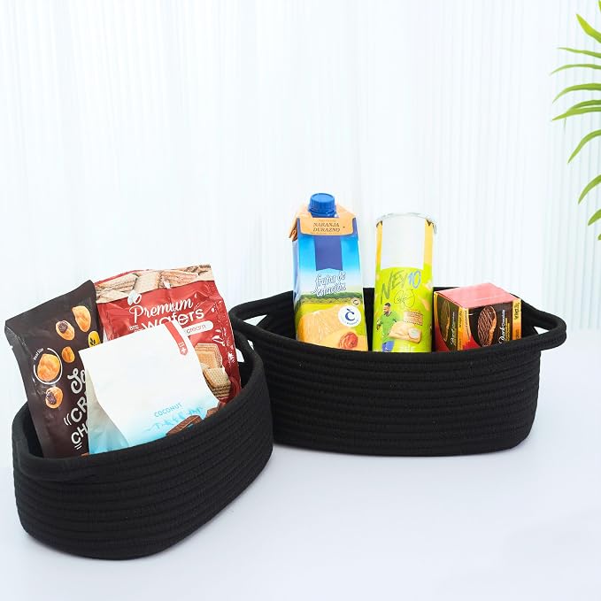 5-Piece Storage Baskets for Organizing, Small Woven Rope Baskets for Storage and Shelves, Dog Cat Toy Basket Box, Pantry Bathroom Organization Bins, Nightstand Organizer, Full Black