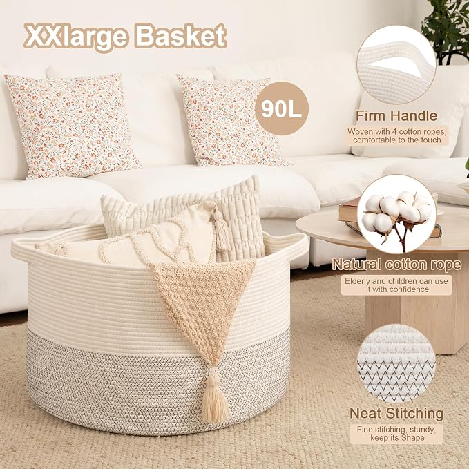 OIAHOMY 90L XXXLarge Blanket Basket for Living Room, 21.7" x 13.8" Woven Cotton Rope Laundry Basket for Organizing Pillows, Decorative Stuffed Animal Toy Storage for Nursery, Black and White