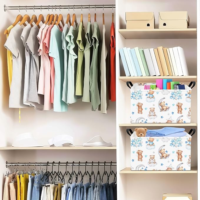 Rectangular Bear Storage Bin, Fabric Closet Organizer Basket | Einforced side grips, foldable holder arranges clothing and bedroom personal belongings