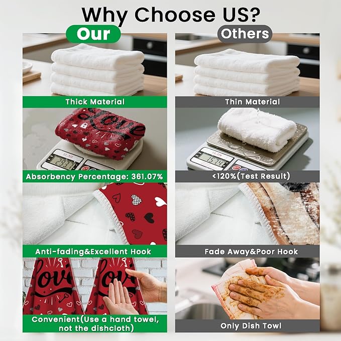 CUTHOLLOW Love Design Hanging Kitchen Towels with Loop, Set of 2 - Soft & Super Absorbent Microfiber Decorative Dish & Hand Towel, Tea, Coffee Towel for Kitchen Bathroom Oven Handle