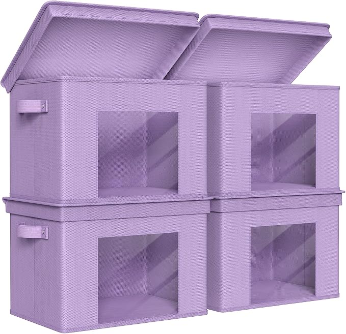 Univivi Fabric Storage Bins with Lids for Closet, 4 Pack, Purple | Fabric Foldable Storage Boxes, Sturdy Collapsible Storage Bins with Clear Window, Storage Cubes for Home, Closet, Shelves
