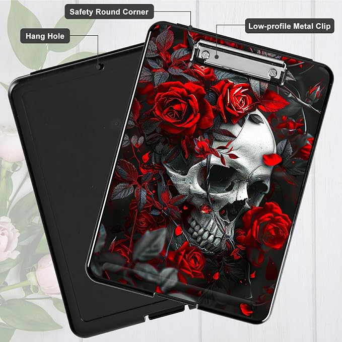 Red Rose Skull A4 Clipboard with Storage Pen Holder, Clipboards Organizer Nursing Clipboard Foldable File Folder Plastic Clipboard Folio Clip Board for Office Students Classroom Doctor