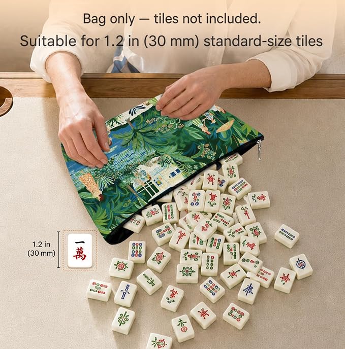 Green Summer Tropical Beach Empty Mahjong Tile Bag 13x7.8 Inch, | Palm Tree Printed Portable Travel Case Organizer Zipper Pouch for American Mahjong Tiles Game Night Accessories and Gifts