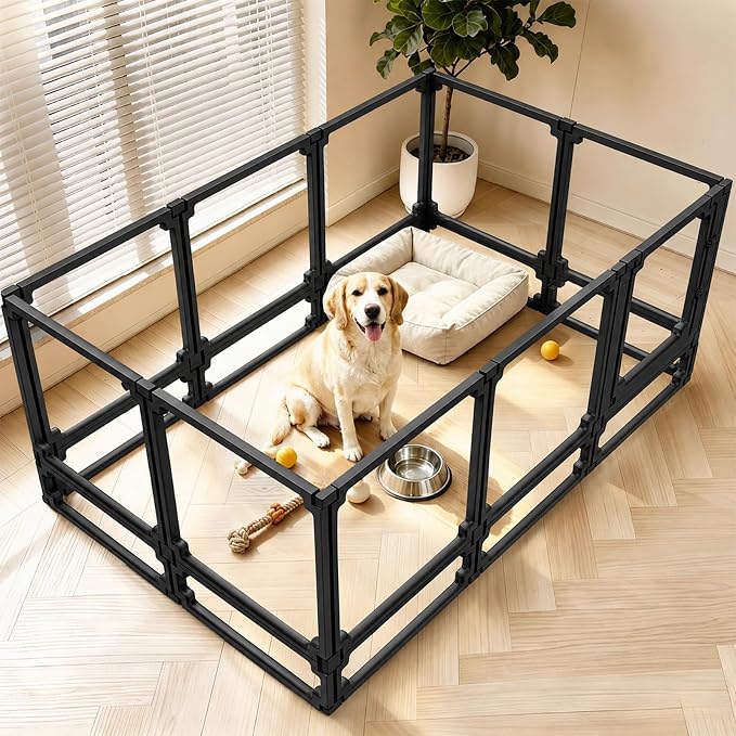 FlexiSpace Adjustable Clear Dog Play Pen, Expandable & Stackable Acrylic Dog Playpen, ONLY Dog Play Pen Indoors Grow with Your Pet Puppy Playpen (Black, 34", 10 Panels)
