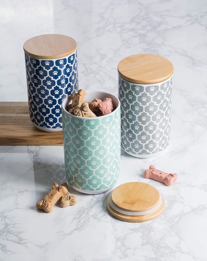 Bone Dry Lattice Pet Treat Jar with Bamboo Lid, Dishwasher Safe, Canister, 4x6.5", Aqua