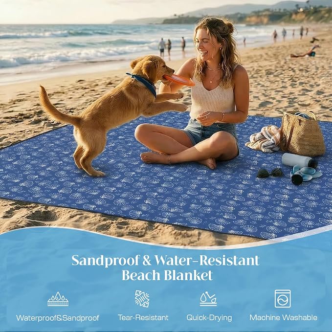 OIGAE Beach Blanket Waterproof Sandproof Oversized Beach Mat | Picnic Mat with Stakes, Storage Bag - Essentials for Outdoor Beach, Picnic,Quick-Dry Lightweight,Windproof Pockets