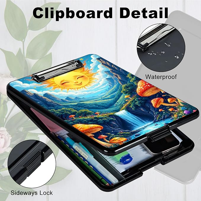 Heavy Duty Storage Clipboard, Slim Nursing Clipboard with Internal Pen Case, Portable File Organizer Case for A4 Letter Size Paper Office Medical Professionals, Stream Sun Mushroom