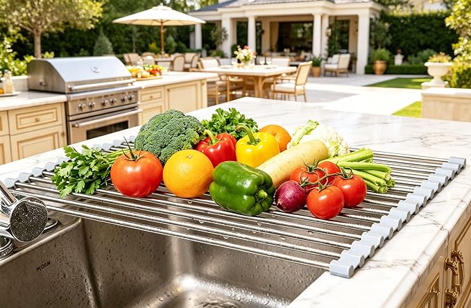 Ahyuan Roll up Dish Drying Rack Over The Sink Kitchen Roll up Sink Drying Rack Portable Dish Drainer Foldable Dish Drying Rack (Warm Gray, 17.8''X11.8'')
