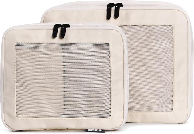 Compression Packing Cubes for Travel, 2-Pack, Beige | Solves overpacking, 2-Piece set fits most carry-ons, 50% Space savings, Compression luggage organizer bags