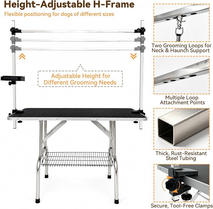 46" Foldable Dog Grooming Table with Adjustable H-Frame Arm & 2 Nooses, Heavy-Duty Stainless Steel Frame, Non-Slip Top, Tool Caddy and Mesh Tray, Black