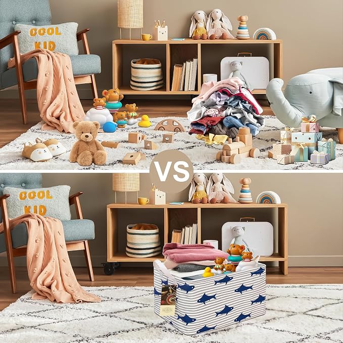 Rectangle Foldable Storage Basket Handles For Home, Shark | Waterproof canvas material, reinforced handles, perfect for shelf use, organizes clothes, daily items and pet supplies