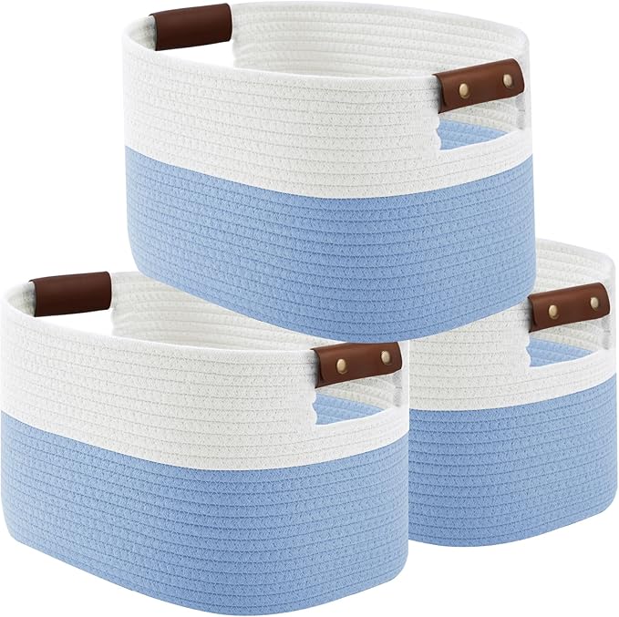 ECDYQXVU 15x10x9 Woven Cotton Rope Storage Basket, Leather Handles 3 Pack | Foldable Design, Sturdy PU Handles, Easy to Clean Organizer for Living Room, Closet, Shelves, Bedroom, Laundry, Clothes