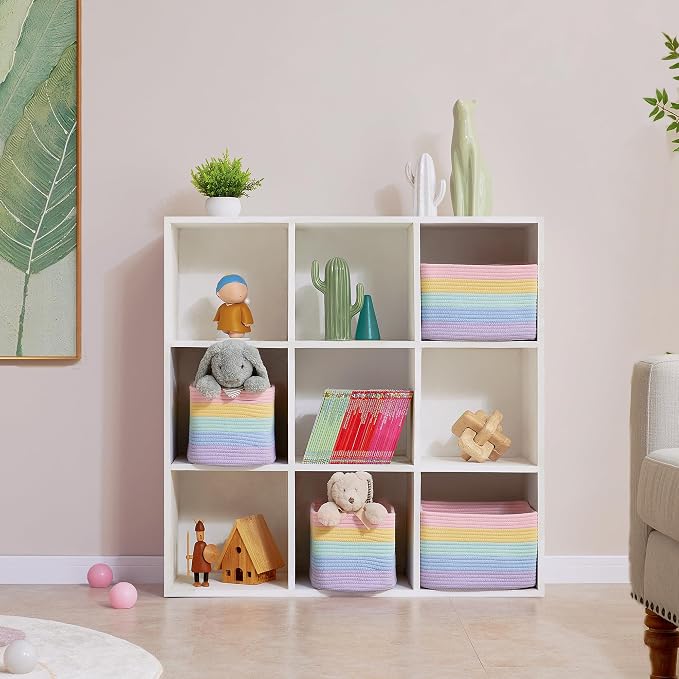 Rainbow Rope Basket for Shelves Storage Bins for Toys 4 Pack | Woven Rectangle Storage Basket for Baby Girl Nursery Toy Storage for Playroom, Classroom, or Girls' Room 12.7"L x 9"W x 7.8"H