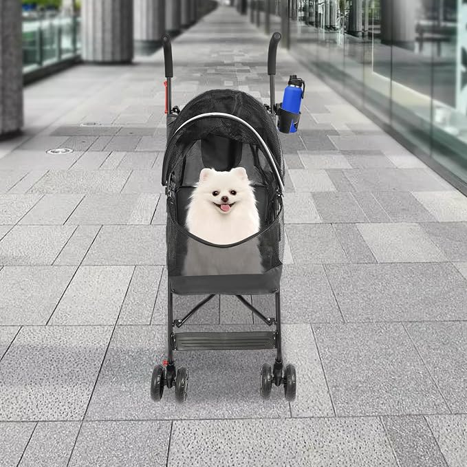 2 Wheels Pet Stroller, Foldable Pet Strolling Cart with Storage Basket and Cup Holder, Puppy Kitty Stroller with Weather Cover, Travel Gear for Medium Small Dogs and Cats Under 22lbs (Black)