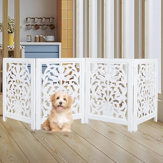 Lightnpro 4-Panel Wooden Dog Gate with Stopper – 72 Inch Extra-Wide Foldable Freestanding Pet Barrier, Antique White Indoor Safety Fence for Small Dogs & Puppies – 24x18 Inch Panels