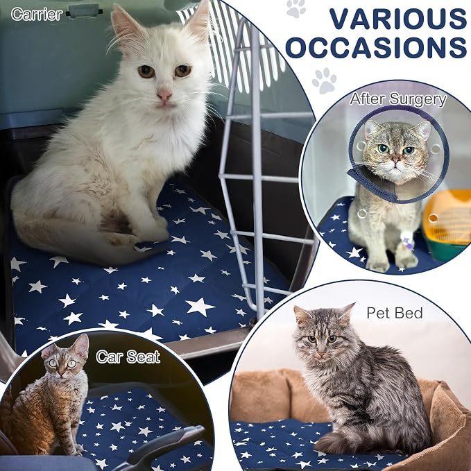 4 Pack Self Warming Cat Bed Self Heating Cat Mat Star Pattern Soft Dog Crate Pad Thermal Pet Mat Anti Slip Kennel Dog Washable Warming Bed for Outdoor Indoor(18 x 24 Inch,Blue)