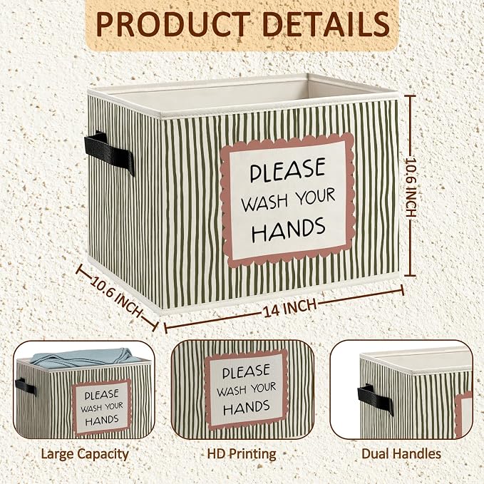 Please Wash Your Hands Bathroom Foldable Storage Bins Box with Handles, Boho Neutral Striped Decorative Storage Boxes Baskets Organizer for Washroom Guest Bathroom