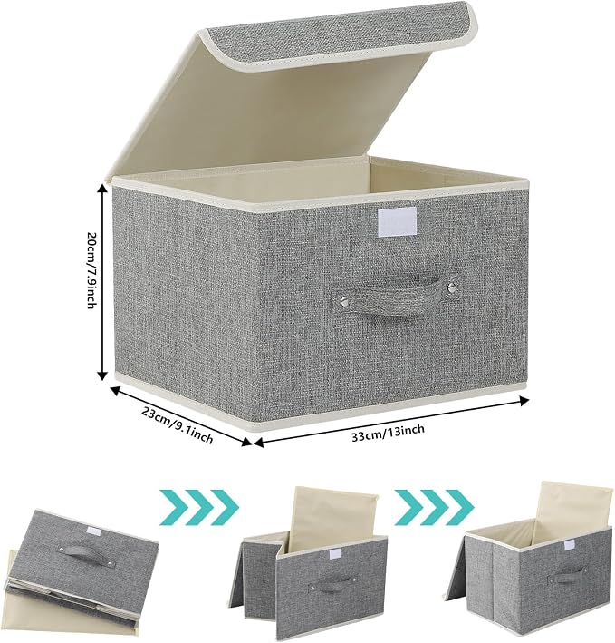 Foldable Fabric Storage Cubes with Lids,Grey 13x9.1x7.9in,1 Pack | Storage Bins with Handles,PP Panel Closet Organizers,Washable Boxes,Collapsible Fabric Container for Underwear and Socks
