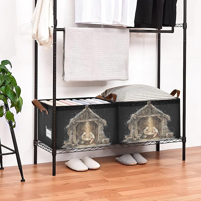 Black Christmas Nativity Scene Storage Basket Foldable Cube Storage Bins with Handles&Label Waterproof Organizer Box Bin Large Rectangle Decorative Baskets for Shelves Home Room Laundry Indoor