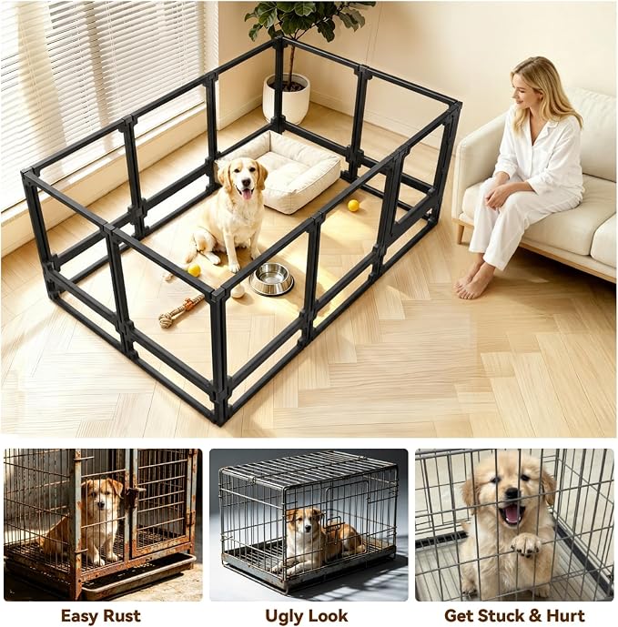 FlexiSpace Adjustable Clear Dog Play Pen, Expandable & Stackable Acrylic Dog Playpen, ONLY Dog Play Pen Indoors Grow with Your Pet Puppy Playpen (Black, 34", 10 Panels)