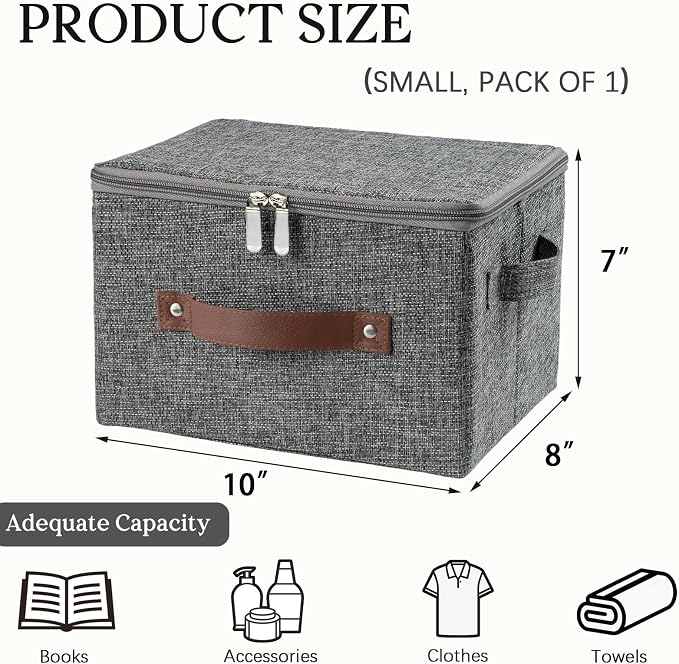 Storage Bins with Zipper Lid Decorative Lidded Box Fabric Baskets | Collapsible Shelves Closet Organizer Container, Cotton Linen Fabric, PU Leather Handle, Stackable Washable (Gray, Small)