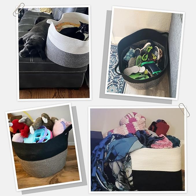 INDRESSME XXXLarge Woven Rope Blanket Basket Living Room Black, 90L | 21.7" x 13.8" Storage baskets for toys laundry & pillows. Fits living room, bedroom or nursery décor. Soft-touch with handles