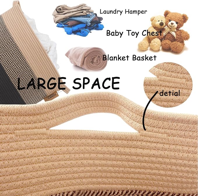 COMFY-HOMI XXXL Large Laundry Basket, Cotton Rope Nursery Woven Basket for Storage, Blanket Baskets Living Room Laundry Hamper, Dog Toy Storage Organizer, Home Decor-21''x21''x13.6''-Jute and Black