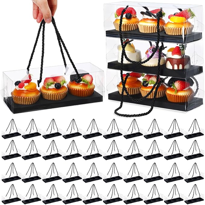Thenshop 40 Pcs Clear Cupcake Boxes 9x3x3 in 3 Compartment Holder,Black | Transparent Holders with Handles, Individual Pastry Display for Wedding Graduation Party Favors Cookies Treats Gifts