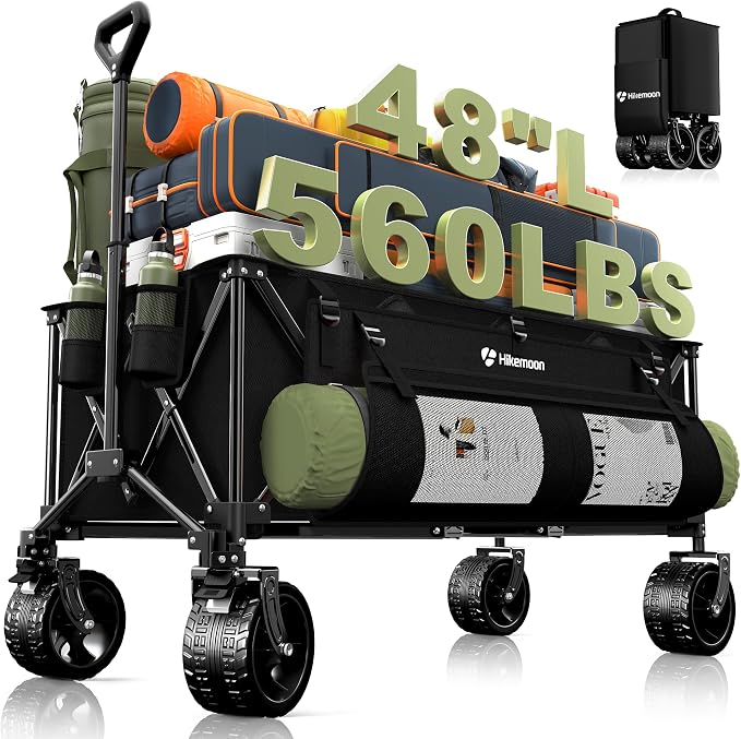 48'' Extra Large Collapsible Wagon with Big Wheels, 300L Black | 560LBS Heavy Duty, Wagons Carts Foldable, All-Terrain, Brakes, Folding Cart, Utility for Beach/Camping/Garden/Sports/Grocery
