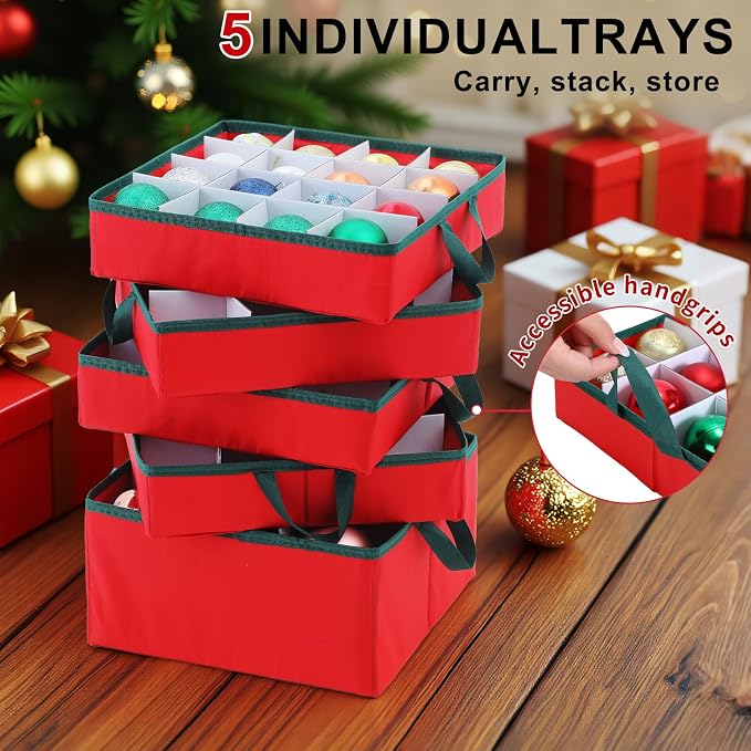 2-In-1 Christmas Decoration Ornament Organizer Box， Movable Pallet Santas Bags Ornament Storage Containers, Holds 73 Holiday Ornaments, Adjustable Space For Figurines And Pockets For Decoration