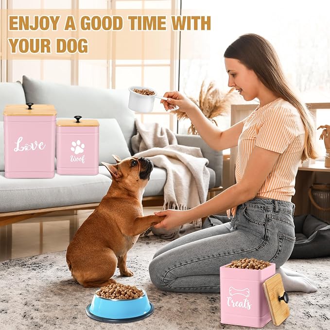 Jingmore Metal Dog Treat Containers Set of 3 with Bamboo Lids and Spoon Airtight 7+3+2 lbs Dog Food Snack Jars with DIY Labels Big Pet Cookie Storage Jar for Kitchen Counter (Pink,Funny)