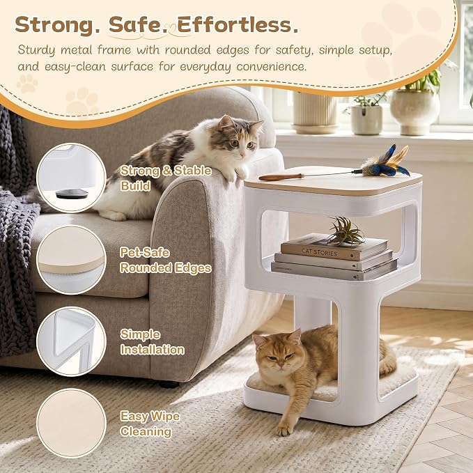 EUREKA ERGONOMIC Side Table Cat Beds, Square End Table with Cat House, Metal Nightstand with 3 Tier Storage, Modern Side Table End Beside Table for Living Room Bedroom Indoor, Easy Assembly, White